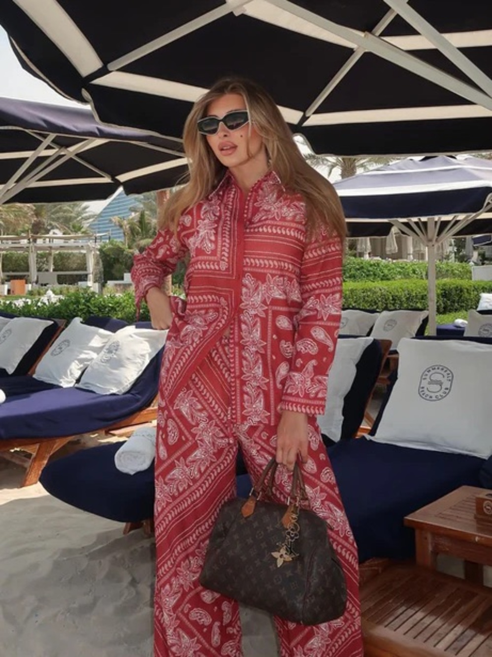 Red Paisley-Print Long Coverup Jumpsuit - Women Swim